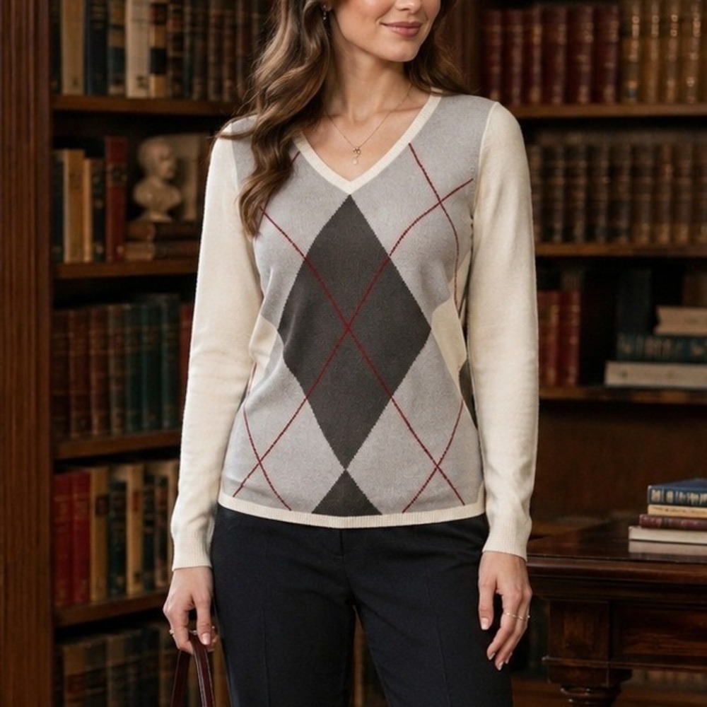New York & Company Women XS Argyle V-Neck Sweater Cream Grey Acrylic Knit Top